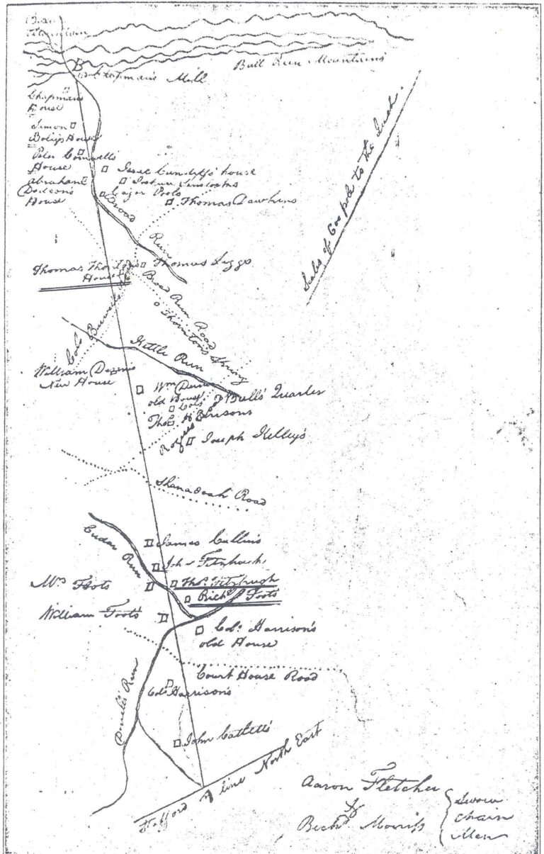 1759 map of dividing line that partitioned Prince William County to created Fauquier County shows residents and roads.