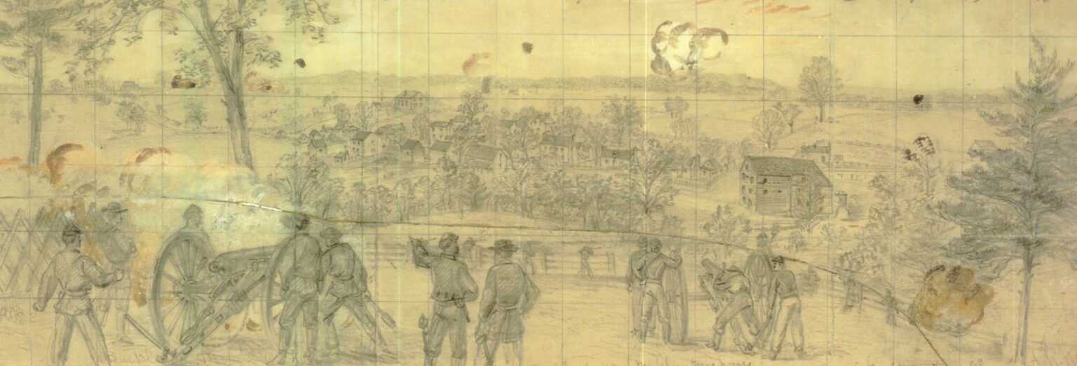 Pennington's Battery on bluff in front of the Cerro Gordo plantation house firing on Buckland, morning October 19, 1863. Sketch “Buckland from Mr. Hunton’s House” by Alfred Waud for Harper's Weekly.