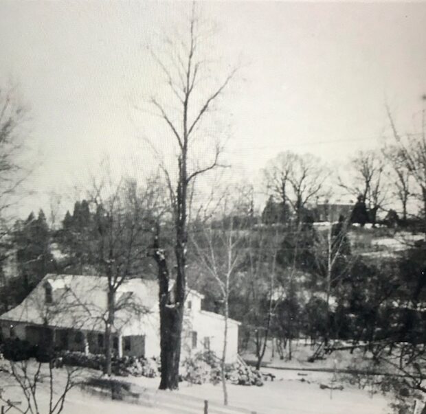 Circa 1940 view from Buckland of Cerro Gordo main house on bluff on east bank of Broad Run, 1807 Buckland post office /store building in foreground