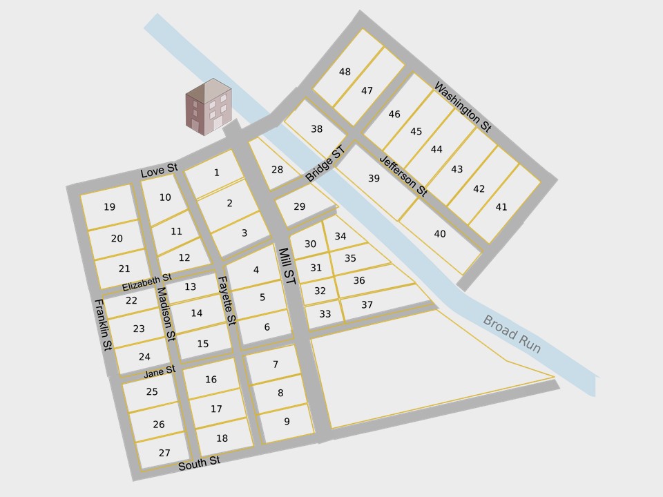 Schematic representation of Buckland’s original 48-lot plan. Mill Street extends from the mill to the gate of the manor house, Buckland Hall.