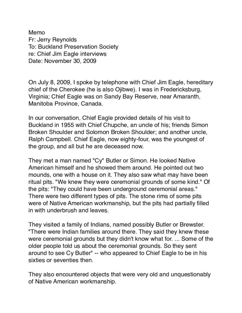 Memo report to Buckland Preservation Society by Jerry Reynolds of his July 8, 2009 telephone interview with Chief Jim Eagle