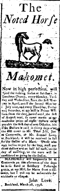 Stud services advertisement in Republican Journal and Dumfries Weekly Advertiser, May 16,1796